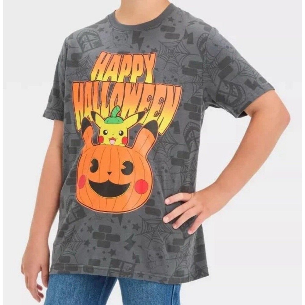 NWT Pokemon Pikachu Happy Halloween Shirt Boys Large Gray Orange Yellow Hybrid